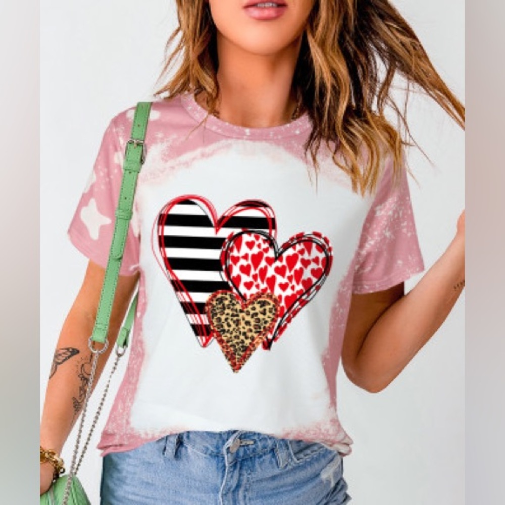 Pink Heart Print Casual Tie Dye Graphic T Shirt